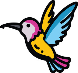 A cheerful cartoon hummingbird in vibrant yellow, purple, pink, and teal flutters mid-air, showcasing expressive eyes, rosy cheeks, and dynamic wings—perfect for nature and kids' themes