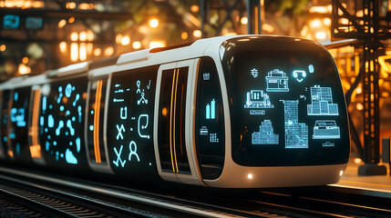 Futuristic Train with Digital Displays in an Urban Setting