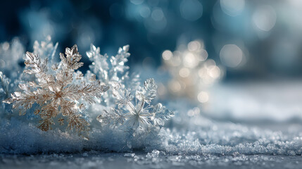 Merry Christmas and happy New Year background with subtle bokeh lights and frosty snowflakes