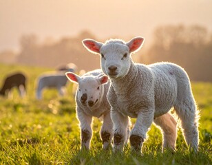 Two lambs stand in golden grass, bathed in soft sunlight—embodying innocence, serenity, and the quiet beauty of rural life.
