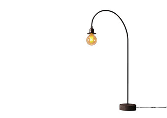 A modern, minimalist floor lamp with a curved arm and a round bulb