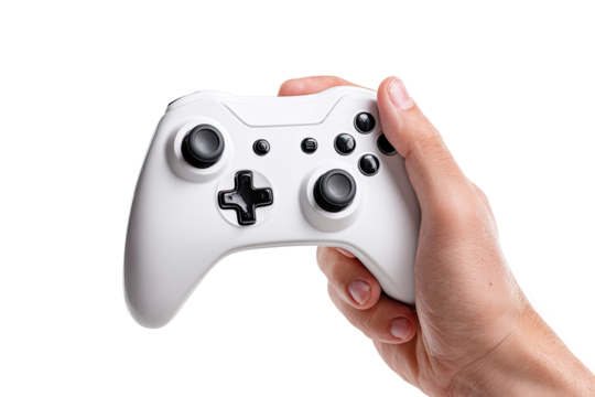 Close-up of a hand holding a white video game controller