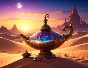 A magical genie lamp rests on desert sands beneath a twilight sky, glowing with mystery and enchantment in a starry Arabian dreamscape.