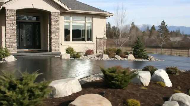 Luxurious modern home exterior with stamped concrete driveway and scenic mountain views in the distance
