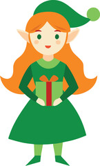 Festive Christmas Elf Girl Holding a Green Gift Box Illustration