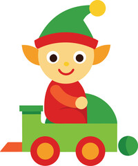Cute Christmas Elf Riding a Green Toy Train Illustration for Holiday Season
