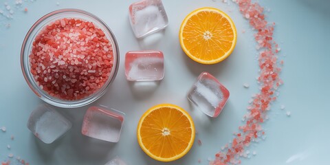 Refreshing arrangement of orange slices ice cubes and himalayan pink salt in a vibrant composition showcasing natural beauty and wellness concepts