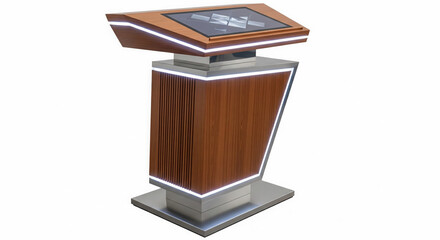 Modern Wooden & Metal Interactive Kiosk with Touchscreen Display; Sleek, Professional Design.
