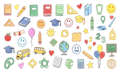 Colorful School Supplies and Education Icons Doodle Set | Hand-Drawn Illustration for Back to School Marketing Materials, Educational Resources, and Children's Designs