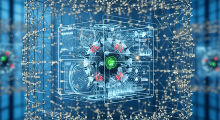 Intricate digital network visualization with glowing nodes and complex geometric structures, suggesting advanced technology and data flow.