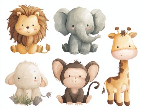 Charming watercolor safari animals, including a lion, elephant, giraffe, and monkey, perfect for nursery decor and children's themes.