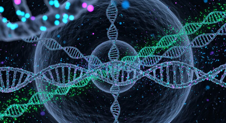 Abstract visualization of interconnected DNA strands and cellular structures, suggesting genetic research and biological complexity.