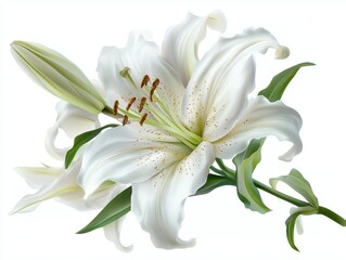 Fototapeta premium Stunning white lily blooms exude elegance and purity, perfect for sophisticated floral arrangements and design projects.