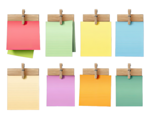 Colorful sticky notes with wooden clothespins