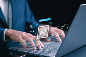 Businessman show technology smart robot Ai technology, Artificial Intelligence. AI artificial intelligence deep learning, Futuristic technology transformation. Technology smart robot AI agents.