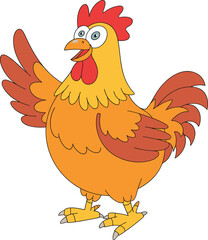 Colorful Cartoon Chicken Vector with Expressive Wings, Bright Eyes, Red Comb, Cheerful Pose, Farm Animal Character for Kids Content