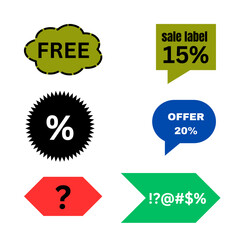 Set of colorful sale and offer labels including free tag, discount signs, percentage symbol, question mark, and promotional icons for marketing and advertising use.

