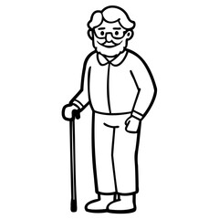 Elderly person with cane standing in simple line art style