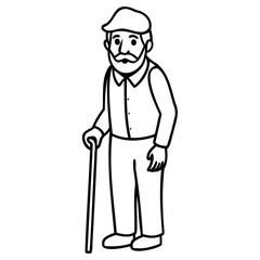 Elderly man with cane and hat standing in line drawing style