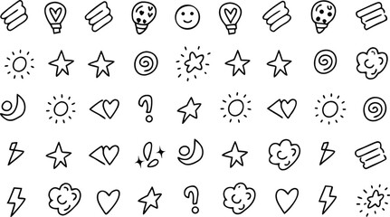 Hand Drawn Doodle Icons Set with Hearts, Stars, Clouds, Lightning, Eyes and Question Marks | Fun Cartoon Sketch Vector for Creative Design