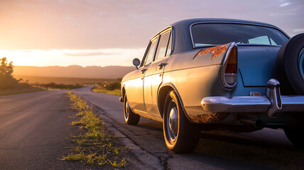 Vintage blue car parked on a deserted road during a golden sunset automobile street