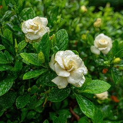 Delicate white gardenia blossoms, glistening with raindrops, create a captivating floral scene.