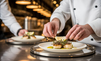 Chef Preparing Gourmet Dish with Delicate Garnish and Fresh Ingredients in Fine Dining Restaurant Setting