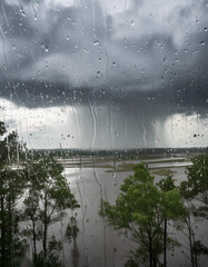 Dramatic rainstorm with dark thunderclouds, flood and trees seen through rain drops on window glass. Weather, climate, natural disaster, flood, melancholy mood, severe storm