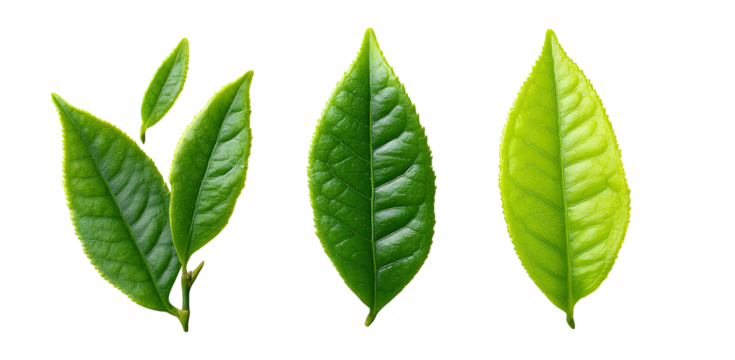 Three vibrant green tea leaves, isolated against a black background.  Each leaf exhibits distinct veining and a slightly different shape.  The leaves appear healthy and fresh