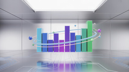 A futuristic 3d bar chart with a swirling line and spheres, representing data analysis and financial growth in a modern, sleek environment