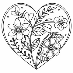 Valentine’s Day heart with flowers, black and white coloring page