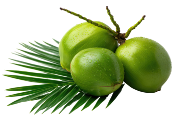 Close-up of three vibrant green coconuts resting on a palm frond