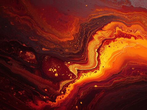 Vibrant molten lava flow with golden veins creating dynamic, fiery abstract texture, evoking power and intensity
