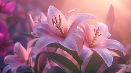Soft focus pink lilies with warm light and bokeh effect flowers floral photo