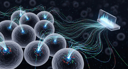 A cluster of glowing, spherical particles emitting bright light and energy streams, connected to a futuristic, glowing rectangular device.
