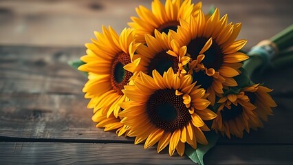 A rustic wooden surface holds a sunflower bouquet glowing with warm golden backlight.