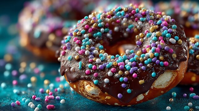 Indulge in decadent chocolate donuts adorned with vibrant, colorful sprinkles for a sweet celebration