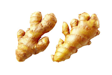 Two fresh ginger roots, close-up, isolated against black
