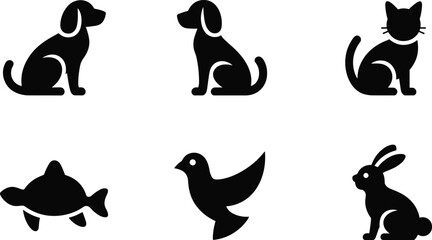 Animal icons including dog, cat, fish, bird, rabbit, pet silhouettes, animal shapes, wildlife symbols, pet care, animal design illustration.
