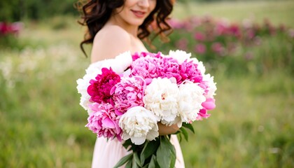 Woman holding a bouquet of pink and white peonies