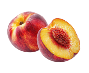 Two peaches, one whole and one halved, showcasing juicy flesh