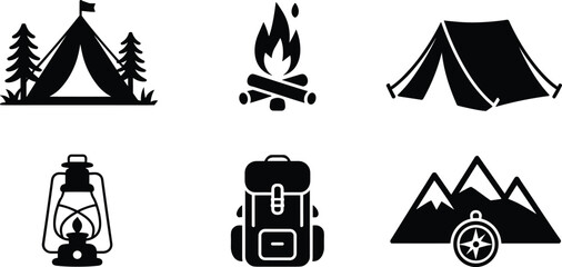 Camping icons set with tent, campfire, backpack, lantern, mountain, compass, outdoor adventure elements, hiking gear, wilderness, nature trip.