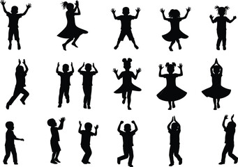 Silhouettes of happy children clapping, dancing, raising hands, celebrating joy, group kids activity, childhood fun, playful motion, active lifestyle