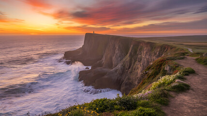 Dramatic sunset over rugged coastal cliffs with crashing waves and a lone figure ocean