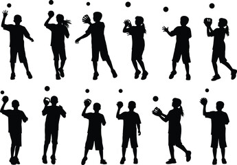 Silhouettes of children throwing, catching, and playing with balls, active kids enjoying outdoor sports, group fun physical activity, teamwork