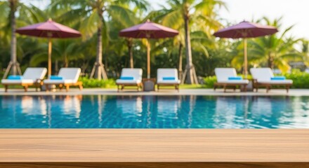 Serene Tropical Resort Swimming Pool With Lounge Chairs Umbrellas And Palm Trees In The Background