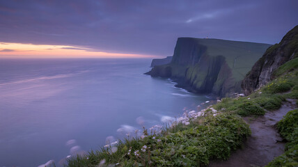 Verdant cliffside path overlooking calm ocean at twilight with distant lighthouse dusk