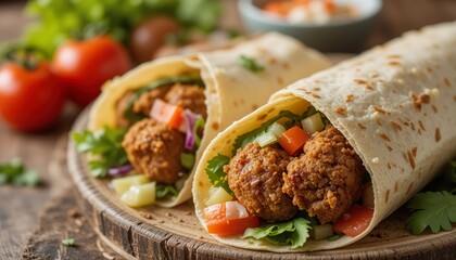 Fresh tortilla wraps filled with crispy falafel, colorful vegetables, herbs, and cheese, creating a vibrant and delicious Mediterranean-inspired meal on a wooden board