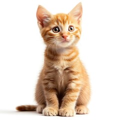Small ginger tabby kitten sitting on a photo white background looking up animal