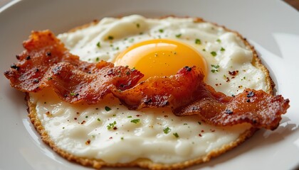 Delicious breakfast plate featuring a sunny side up egg with crispy bacon, seasoned with herbs and black pepper, served fresh and appetizing on a white dish